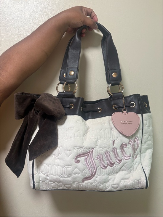 Juicy Couture Handbags - Juicy Couture White Quilted Tote with Pink Logo and Brown Bow Accent